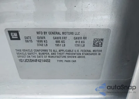 2015 Chevrolet Sonic Lt Auto из США, поврежденный, VIN 1G1JC5SH4F4214432